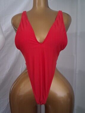 Women’s Red V-Neck High-Cut One-Piece Swimsuit